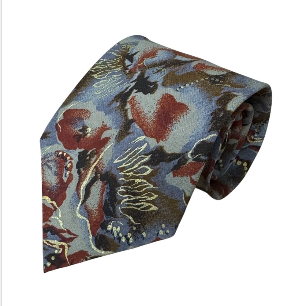 OSCAR de la RENTA - Men’s Silk Patterned Vintage Tie, Grey/ Red/ Gold/ Brown